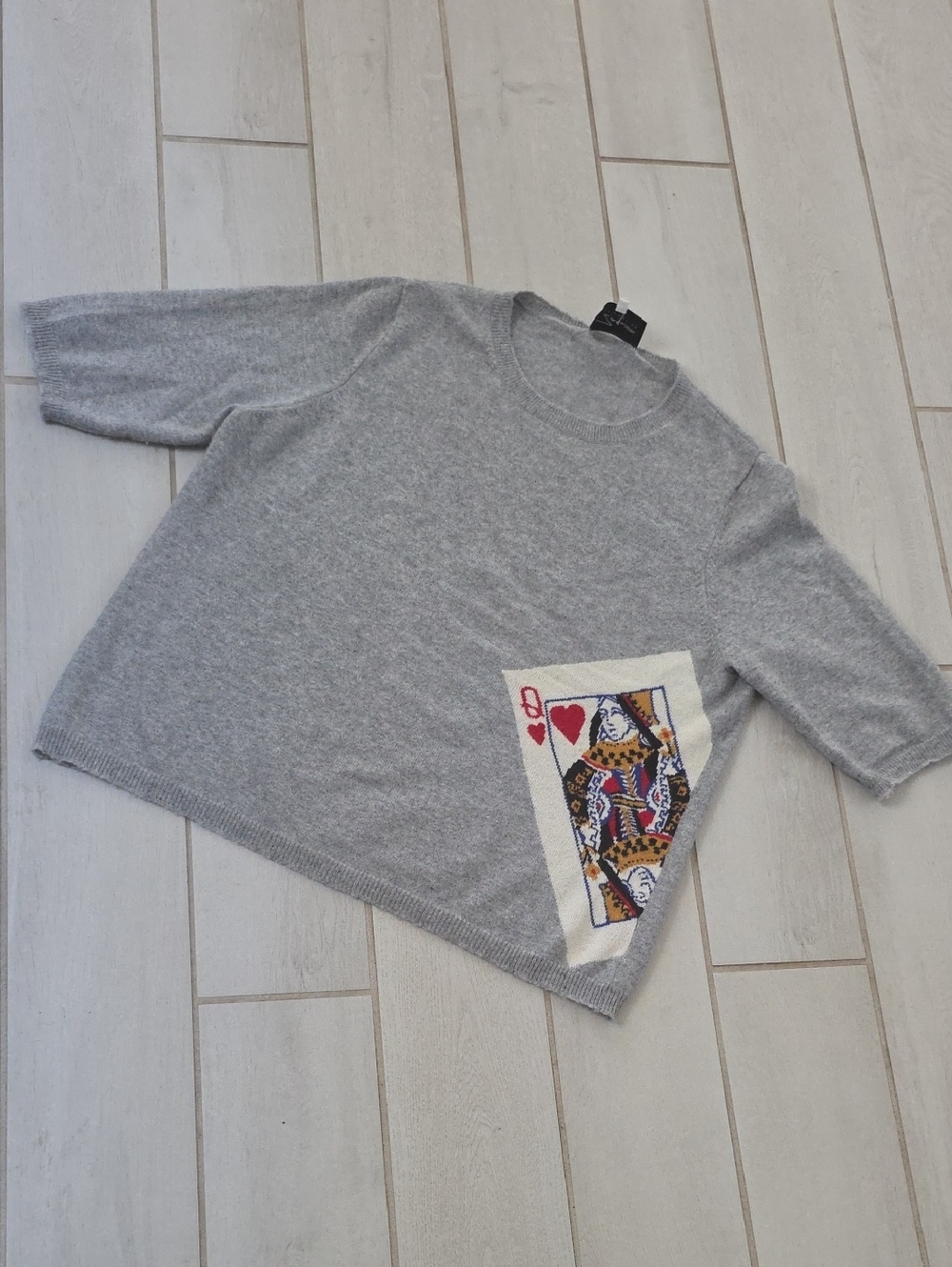 Zoe Couture Medium Cashmere Gray Sweater w/ Queen of Hearts Playing Card Design